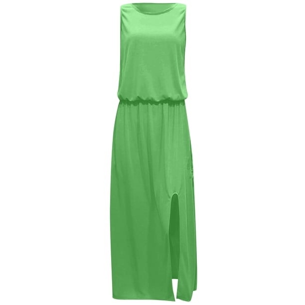green emerald velvet dress BREEZY Solid Sleeveless Side Slit Bodycon Maxi Dress – Sapphire Bleu main image 0
