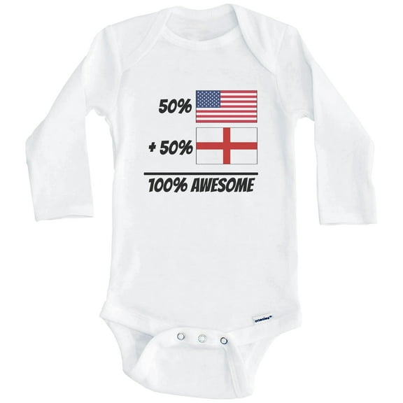 50% American Plus 50% English Equals 100% Awesome Cute England Flag One Piece Baby Bodysuit (Long Sleeve), 0-3 Months White