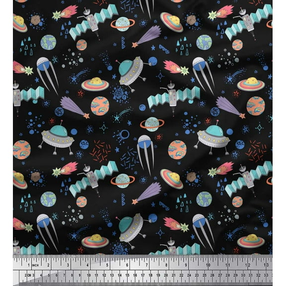 Soimoi Black Cotton Duck Fabric Satellite & Planet Galaxy Printed Craft Fabric by the Yard 42 Inch Wide