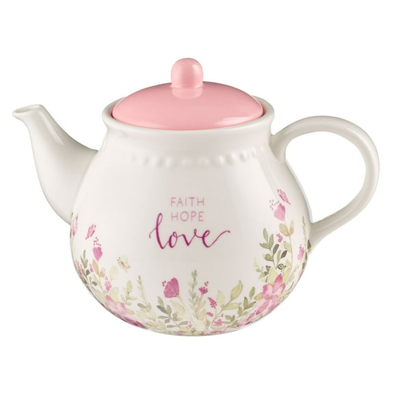 With Love Floral Inspirational Teapot for Women, Faith Hope Love Pink Floral, Microwave Safe, Lead & Cadmium-free, 36oz. Ceramic