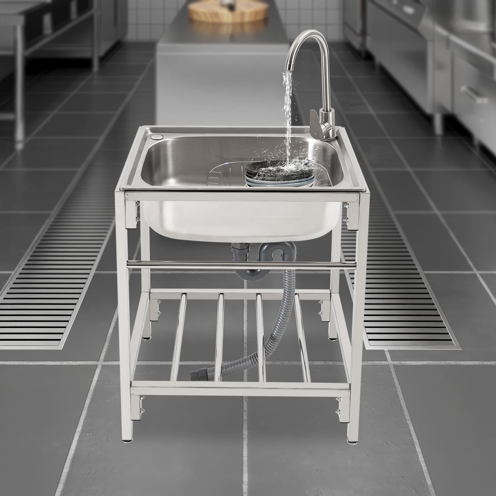 Commercial Stainless Steel Sink Outdoor Single-Bowl Utility Sink With Faucet for Homes, Restaurants
