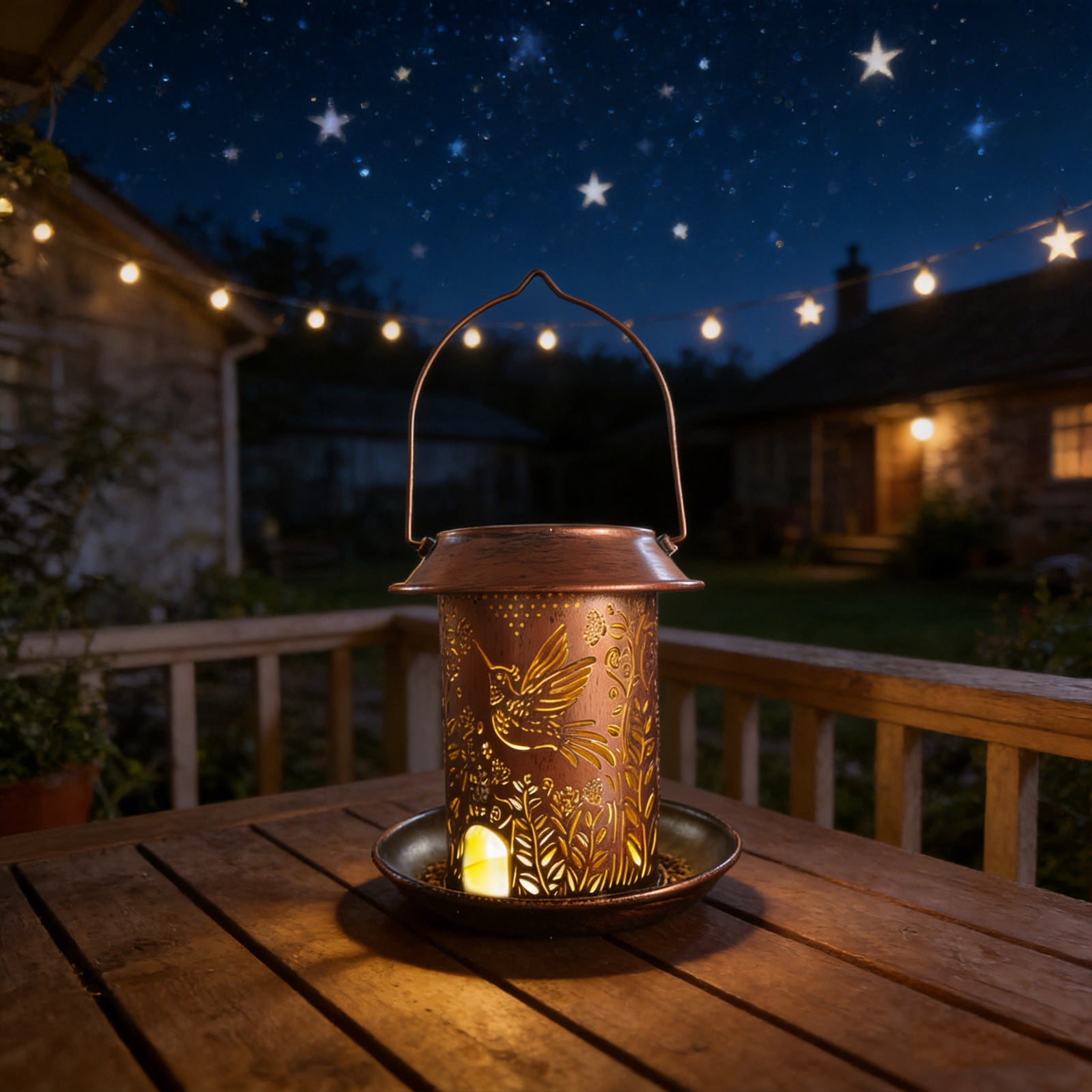 Rijanmt Metal Hanging Bird Feeder with Solar Lamp,Outdoor Waterproof Birdfeeder Tray,Warm Color Solar Light,Hollowed Vintage Chinese Flowers Birds Cover,for Home Garden Porch Wall Tree Decoration