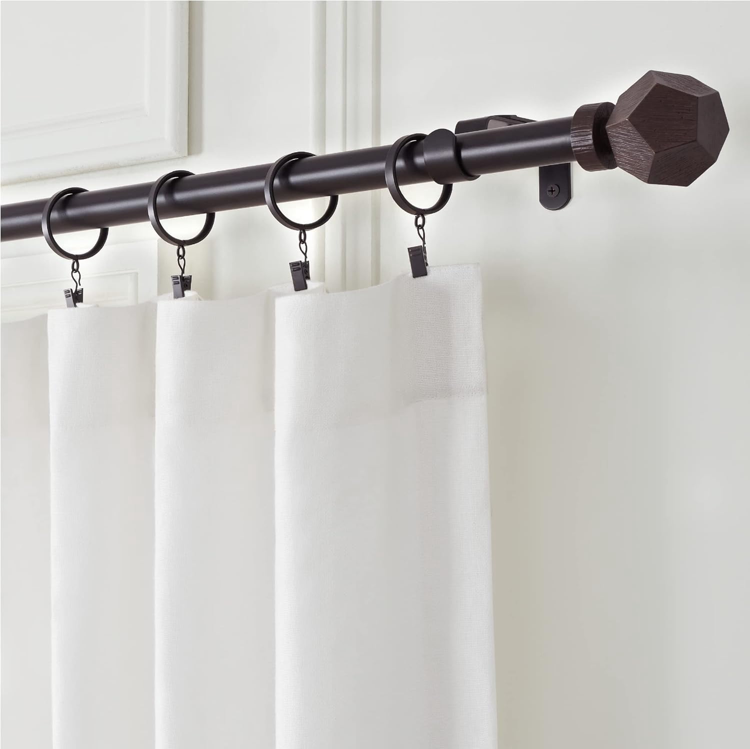 MODE Premium Collection Adjustable Single Curtain Rod Set with Geo Finials, Wood-Black Finish, fits windows 132 to 228 in