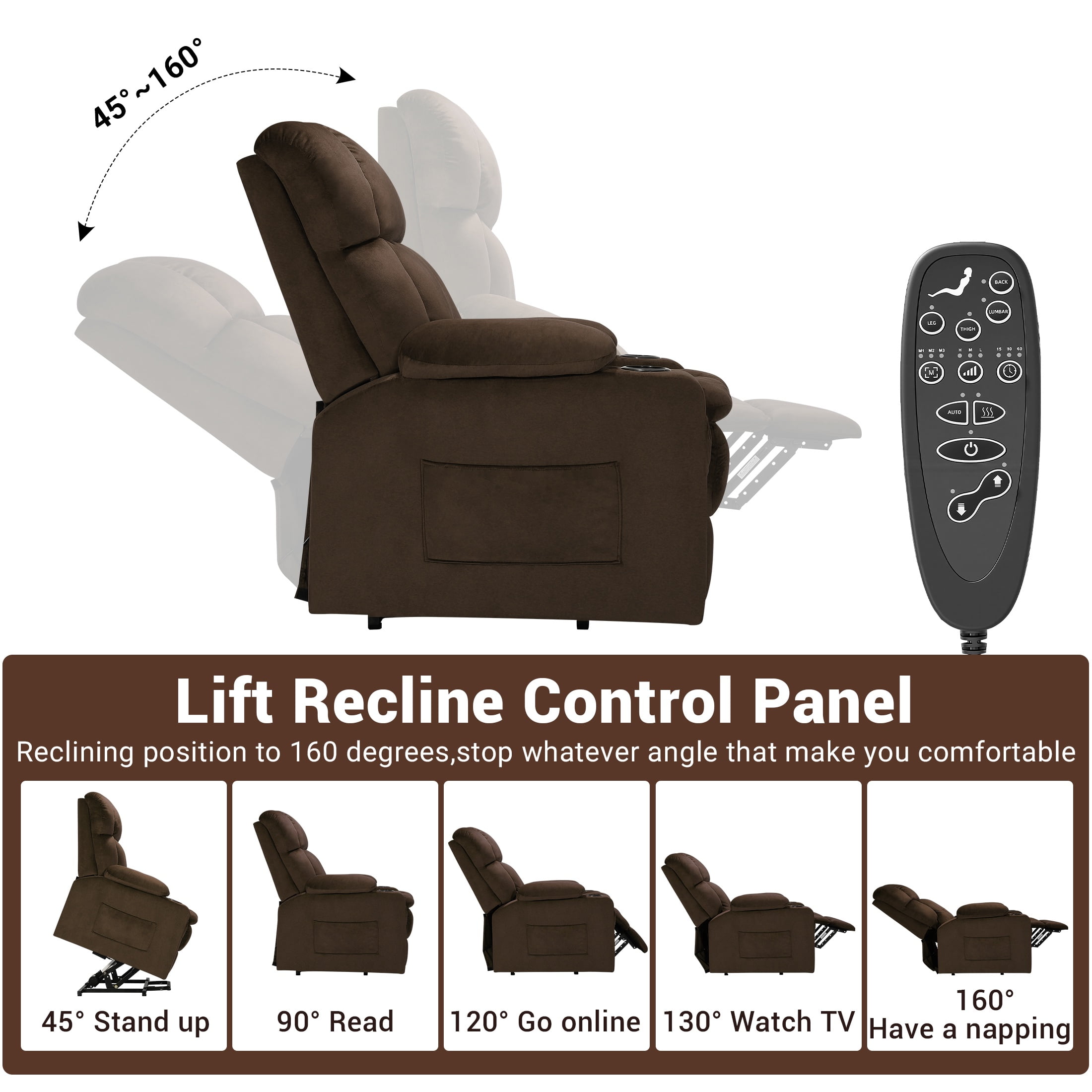 HSUNNS Large Power Lift Recliner Chair with Massage and Heat for Elderly Big and Tall People, Overstuffed Wide Recliners with 2 Cup Holders, Side Pocket for Living Room, Single Sofa, Brown