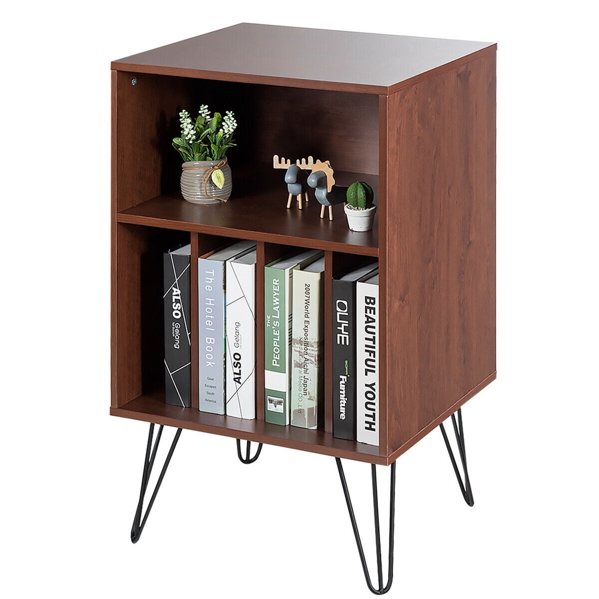 Compact Wooden File Cabinet with Open Storage for Stacking Books Boxes Artworks Tall Standing Display Durable Metal Legs Suitable for Bedroom Living Room Study Home Office Use Space Saving Furniture