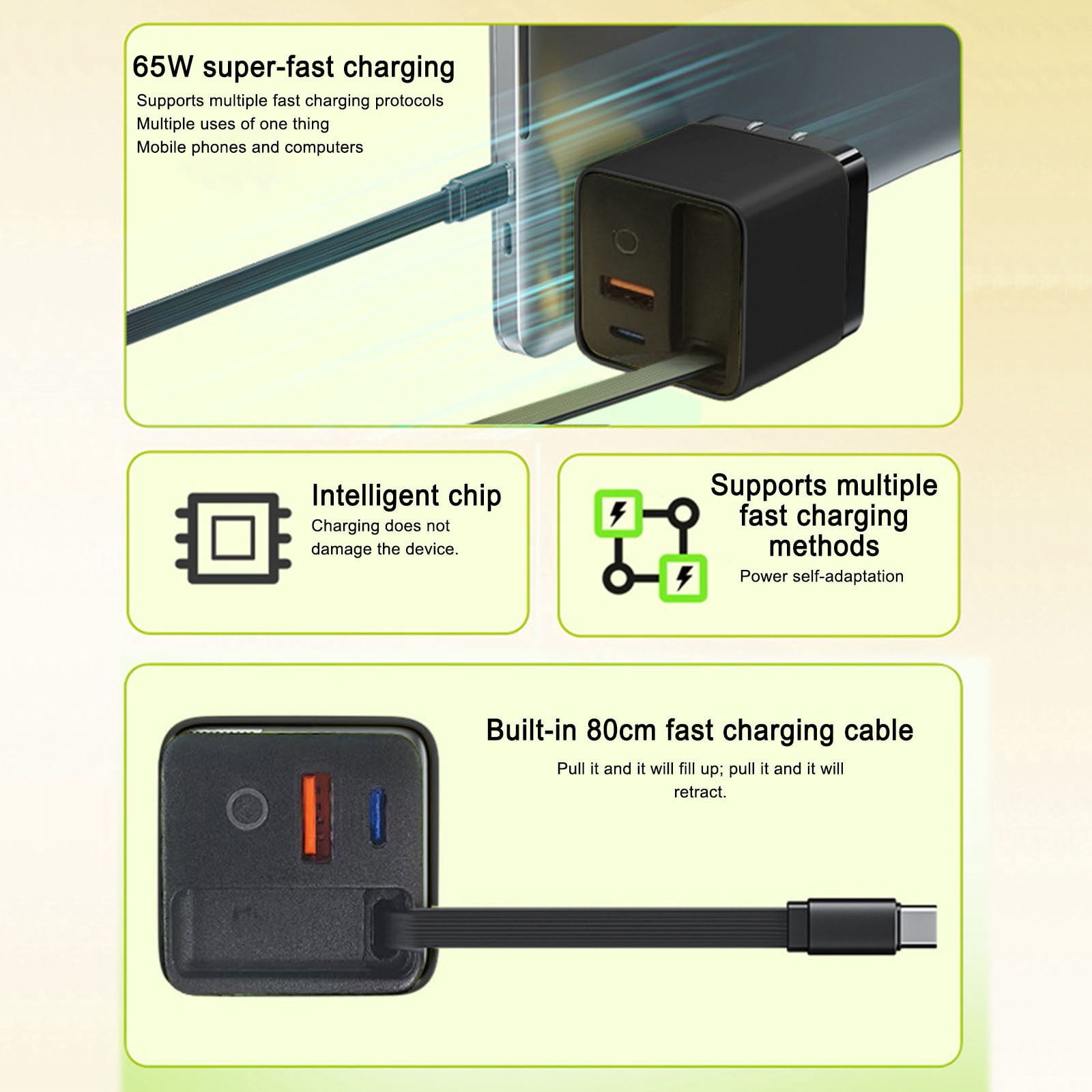 3 in 1 Charger, 1 Pack Retractable Phone Charger Wall Plug with Scalable 65w Max Fast Charging Module, Type C Cable and 2 USB Ports for Phone, Laptops