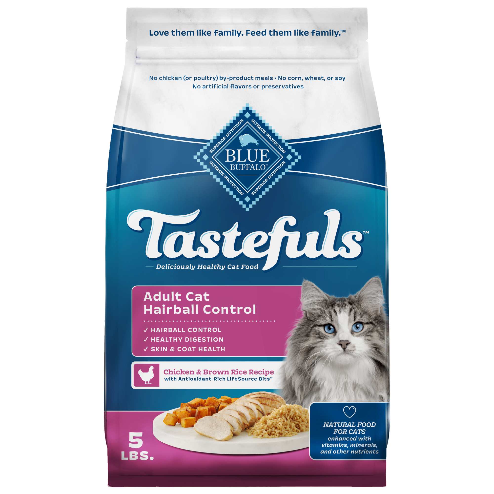Blue Buffalo Tastefuls Dry Cat Food, Hairball Control, Chicken and Brown Rice, 5-lb. Bag