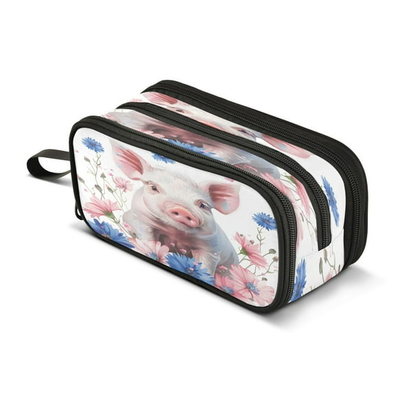 ALAZA Cute Pig in Floral Pencil Case Bag 3 Compartment Pen Pouch Large Storage Holder Box Organizer