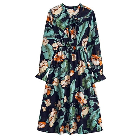 

Ziloco Women Floral Chiffon Long Sleeve Printing Casual Party Vintage Maxi Dress underbust corset renaissance Green S