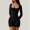 thumbnail image 4 of Knosfe New Solid Color High Waist Tight Sports Yoga Long Sleeve Jumpsuit Shorts Spant Slim Bodysuit For Women Black S, 4 of 5