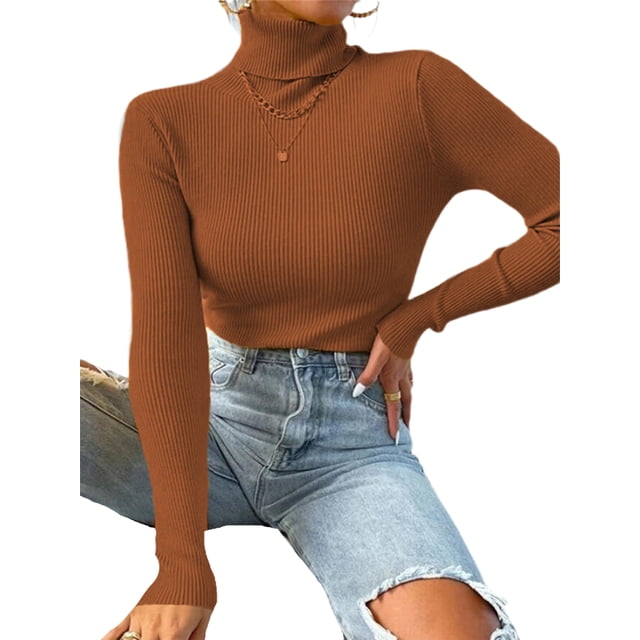 UKAP Women Knit Shirts Turtleneck Pullover Long Sleeve Tops Basic Work Sweater Caramel L