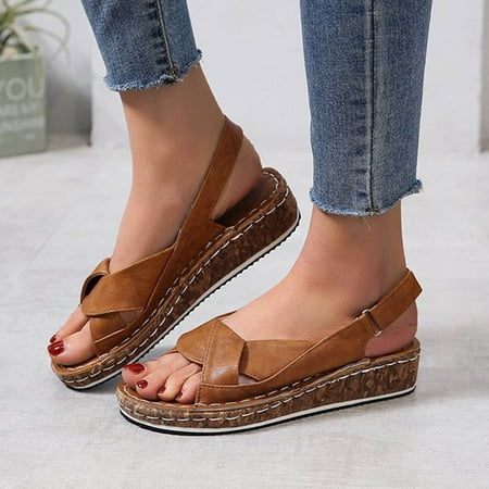 

YOTAMI Womens Solid Comfy Sandals Slope Heel Casual Beach Summer Shoes Brown 7.5