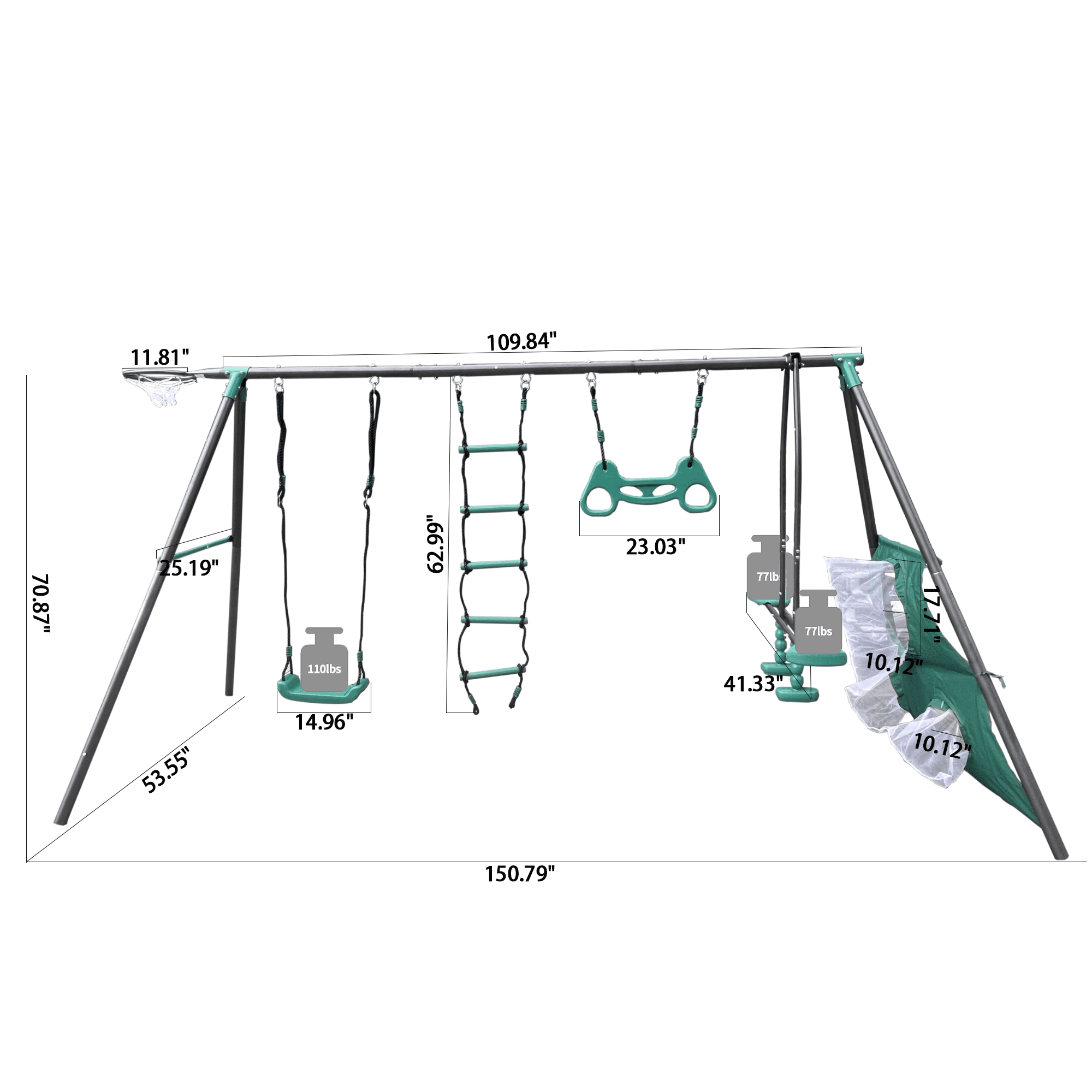 Alvantor 4-in-1 Swing Set with Face-to-Face Swing, Rings, Climbing Ladder, Basketball Hoop & Soccer Net for Kids Backyard 550lbs
