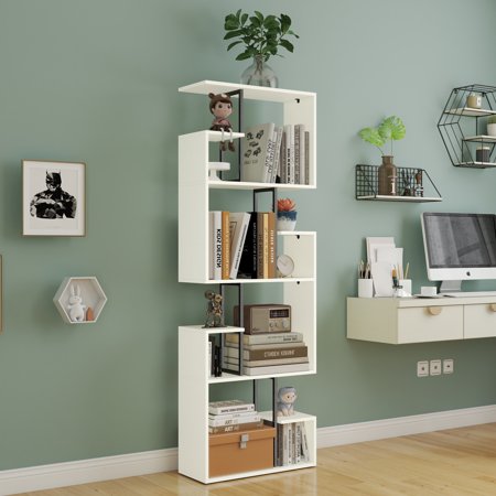 Manora 4-Tier S-Shaped Bookshelf Geometric Bookcase Wooden Z-Shelf Storage Freestanding Display Bookshelf for Living Room Home Office White