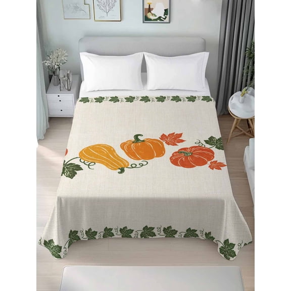Queen Flat Sheet Only Fall Orange Yellow Pumpkins Soft Microfiber Cooling Bedding Sheets Thanksgiving Maple Leaves Flat Bed Sheet for Hotel,Home Decor