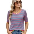 thumbnail image 2 of Womens Summer Short Sleeve Shirts Striped Sweater Cute Casual Trendy Crewneck Knit Blouses Blue & Green M, 2 of 9