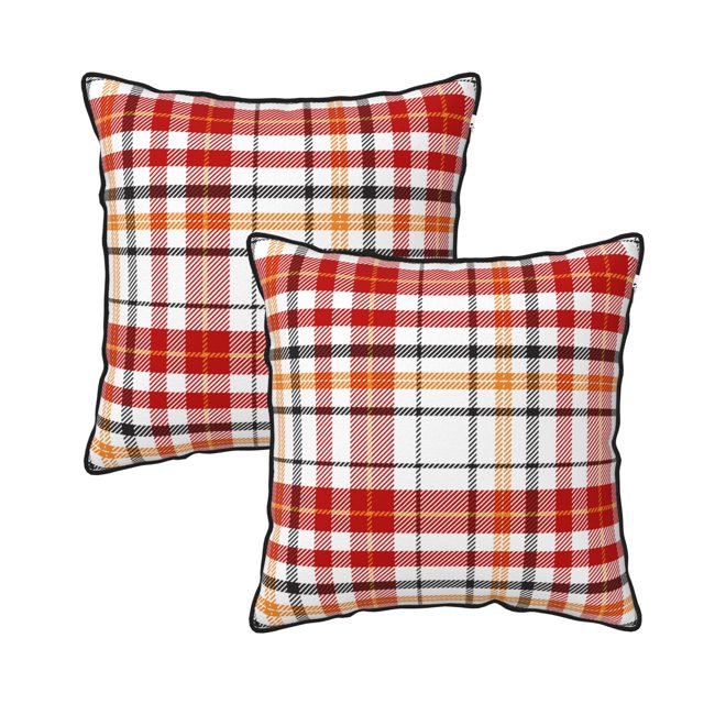 DouZhe Velours Décoratif Coussin Couvre Ensemble de 2, Cushion Cover Carré Doux avec Fermeture Éclair Invisible Rouge Lignes de Grille Écossaise Impression, 16 "X 16"