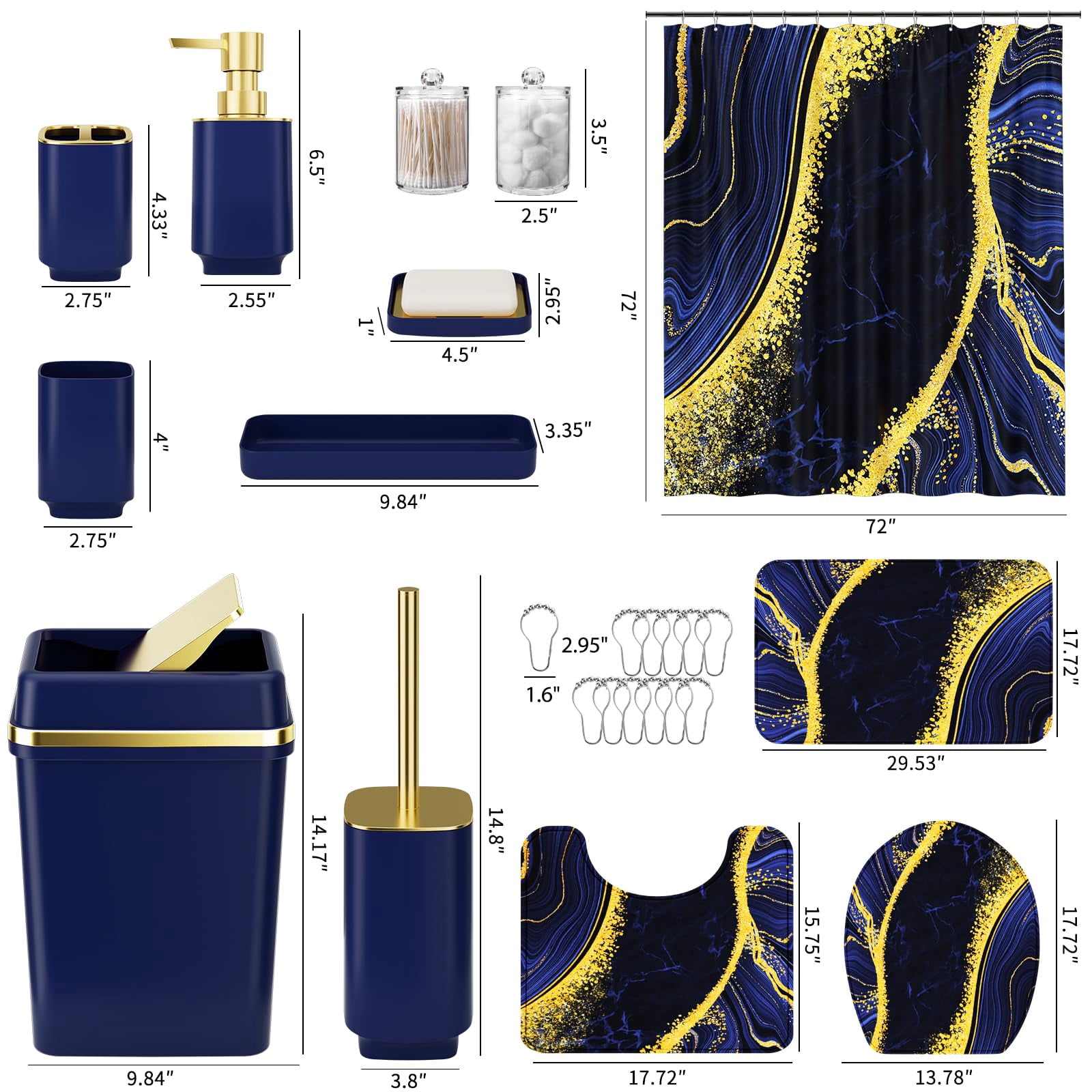 17PCS Bathroom Accessories Bathroom Set Black Bathroom Accessories,Toilet Brush, Trash Can, Qtip Holder Dispenser& 3PCS Soap Dispenser