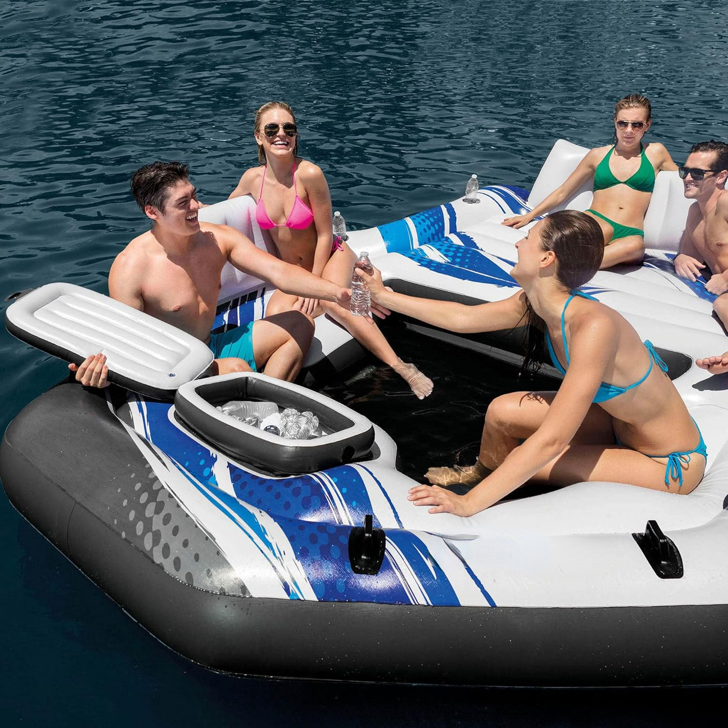 ZSTECH Inflatable Pool Raft for 5, Blue, with Cooler & Cupholders