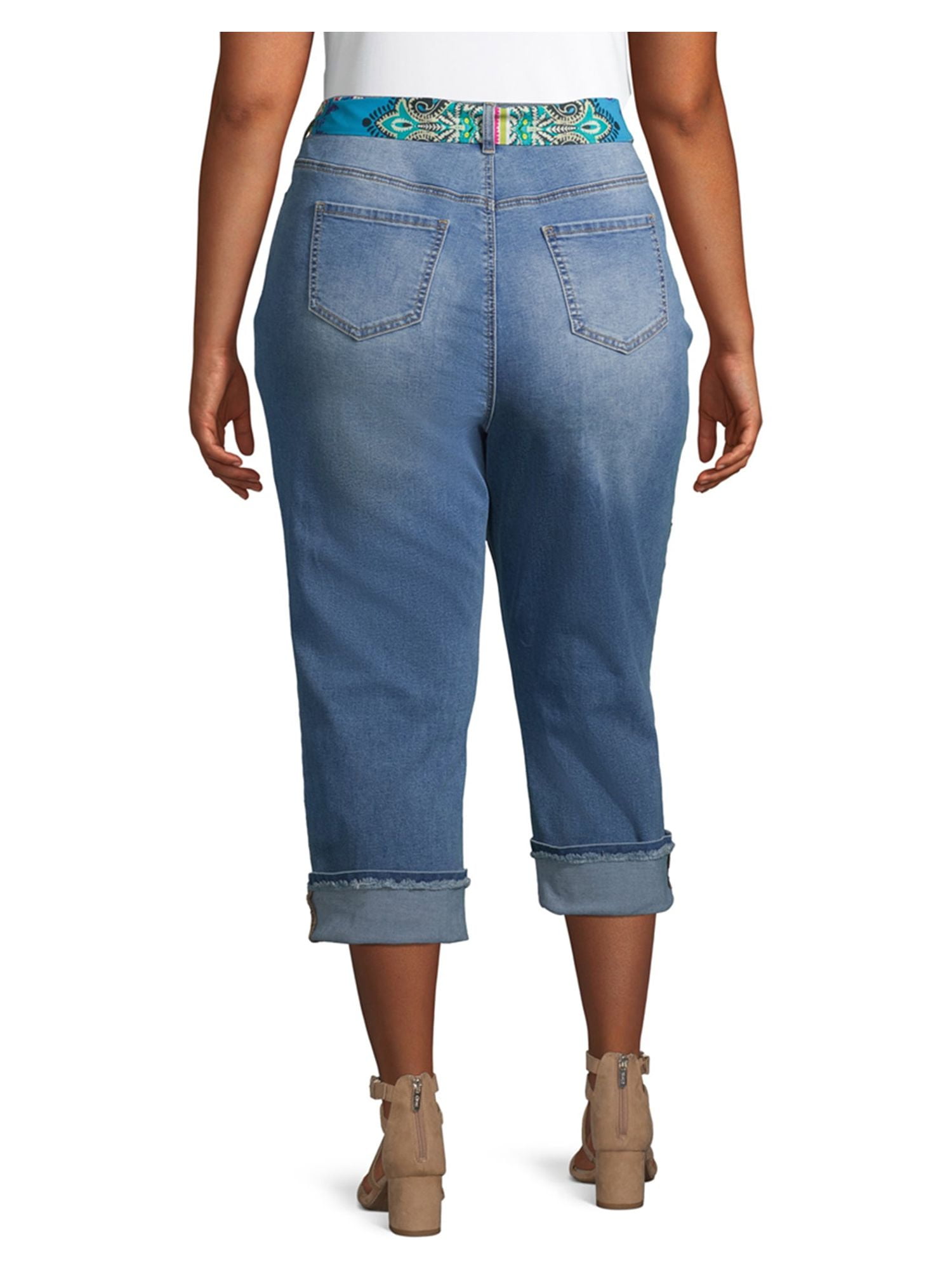 Alivia Ford Women's Plus Size Roll Cuff Denim Capri Jeans with Printed Belt