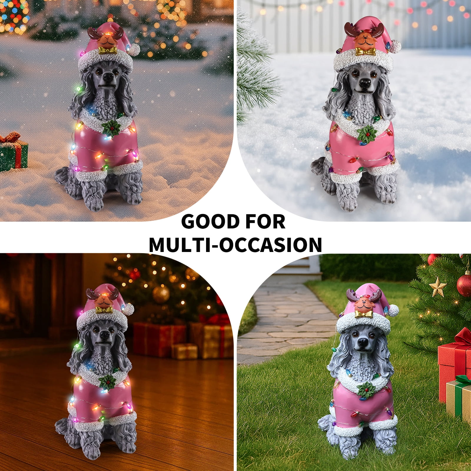 Poodle Pink Santa Outfit Christmas Dog Statue with Santa Hat Holiday Tabletop Decor