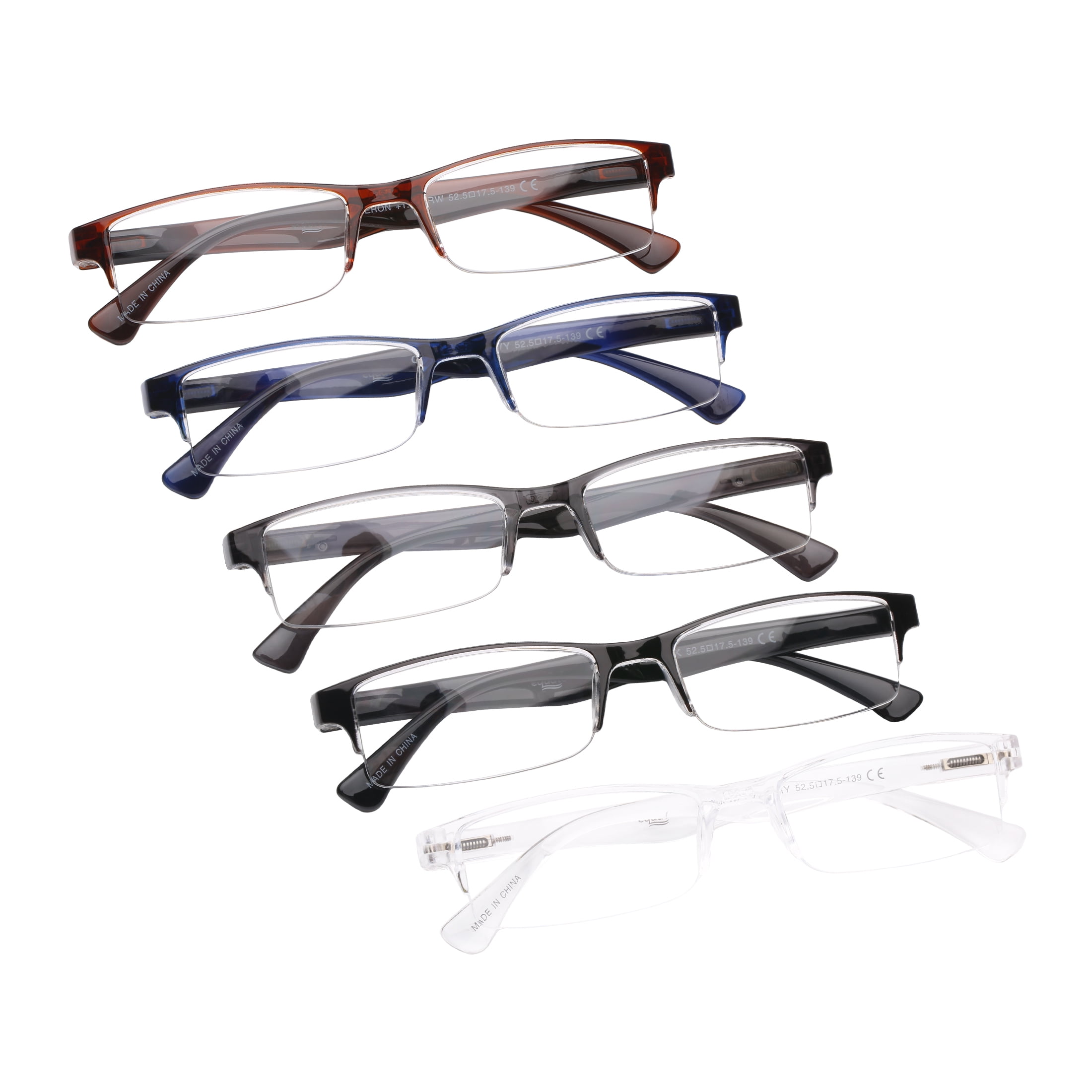 (2 pack) Equate Cameron 5-Pack Unisex Spring Hinge Plastic Reading Glasses with Case, Black/Crystal/Navy Blue/Brown/Grey, +1.25