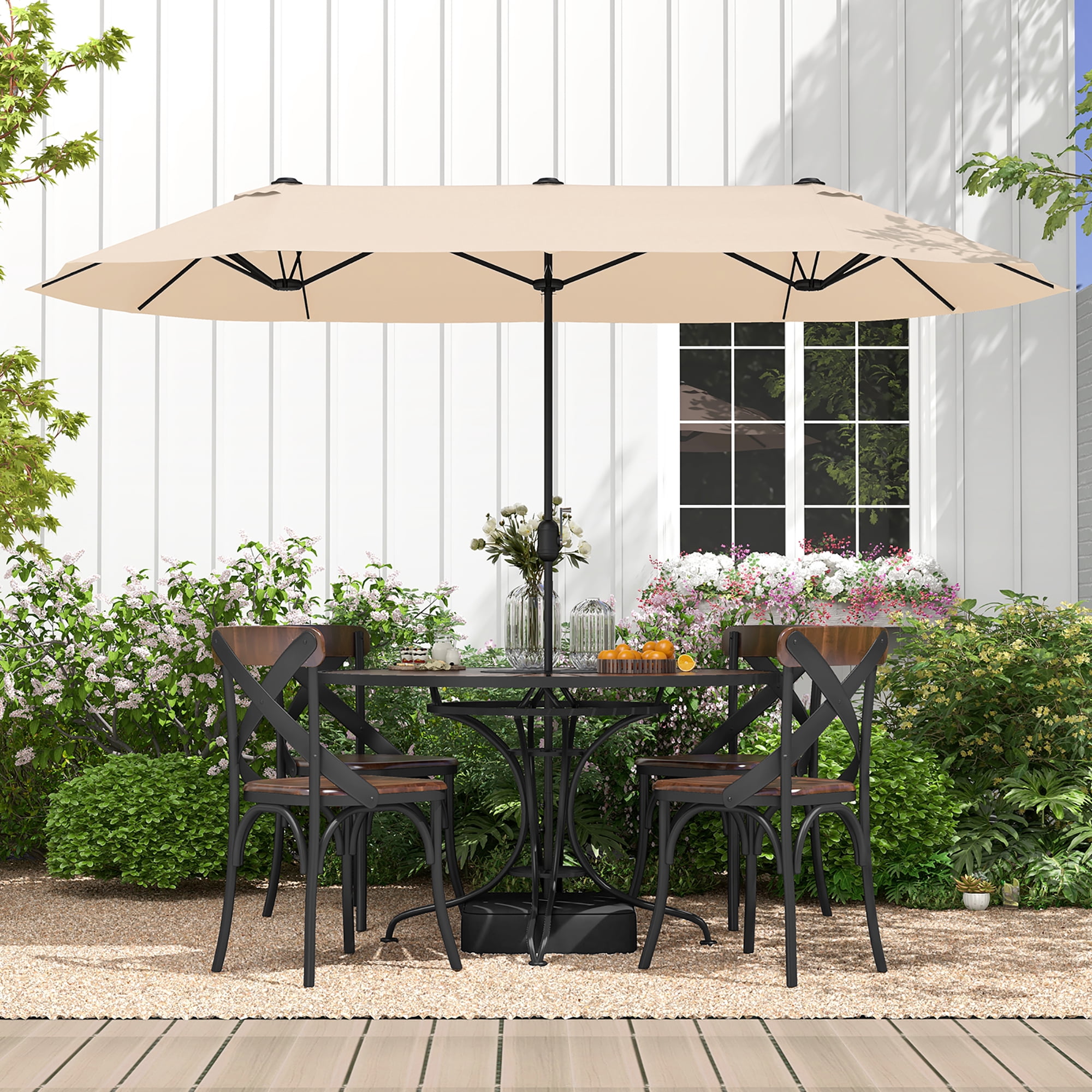 Gymax 13FT Double-sided Patio Umbrella w/ Crank Handle Umbrella Base Safety Lock Beige