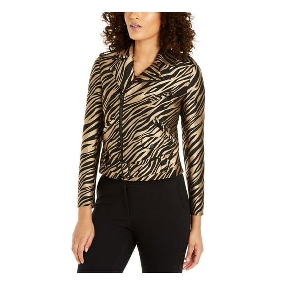 ANNE KLEIN Womens Gold Zippered Belted Printed Bolero Jacket Size: 10