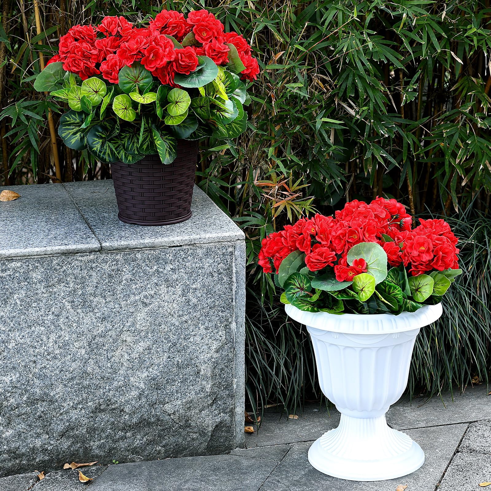 Set of 2 Artificial Flowers Potted for Outdoor, Pre-Made Faux Geranium Plants in Pots UV Resistant Pink Silk Fake Flower Large Potted Plant for Gardens Yards Patios Paths Home Decor - Pink