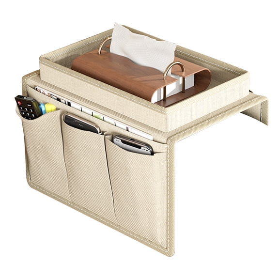 Aemutady Sofa Armrest Organizer, Chair Arm TV Remote Holder for Recliner Couch Armchair Caddy Bedside Storage Pockets Bag for Cellphone Tablet Book,Beige