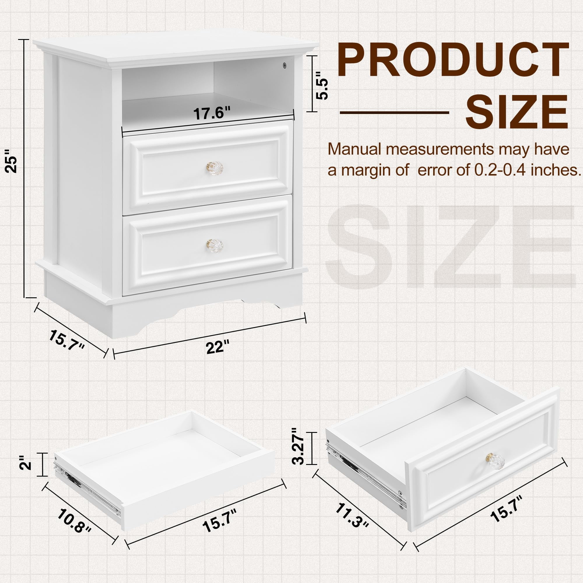 Brafab Farmhouse Nightstand Set of 2, 25" Tall 3-Drawer Open Shelf Bedside Table