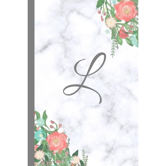 L: Letter L Monogram Floral Marble Journal, Pretty Pink Flowers on Elegant White & Grey Marble Notebook Cover, Stylish Gray Personal Name Initial, 6x9 Inch Blank Lined College Ruled Diary, Perfect Bou