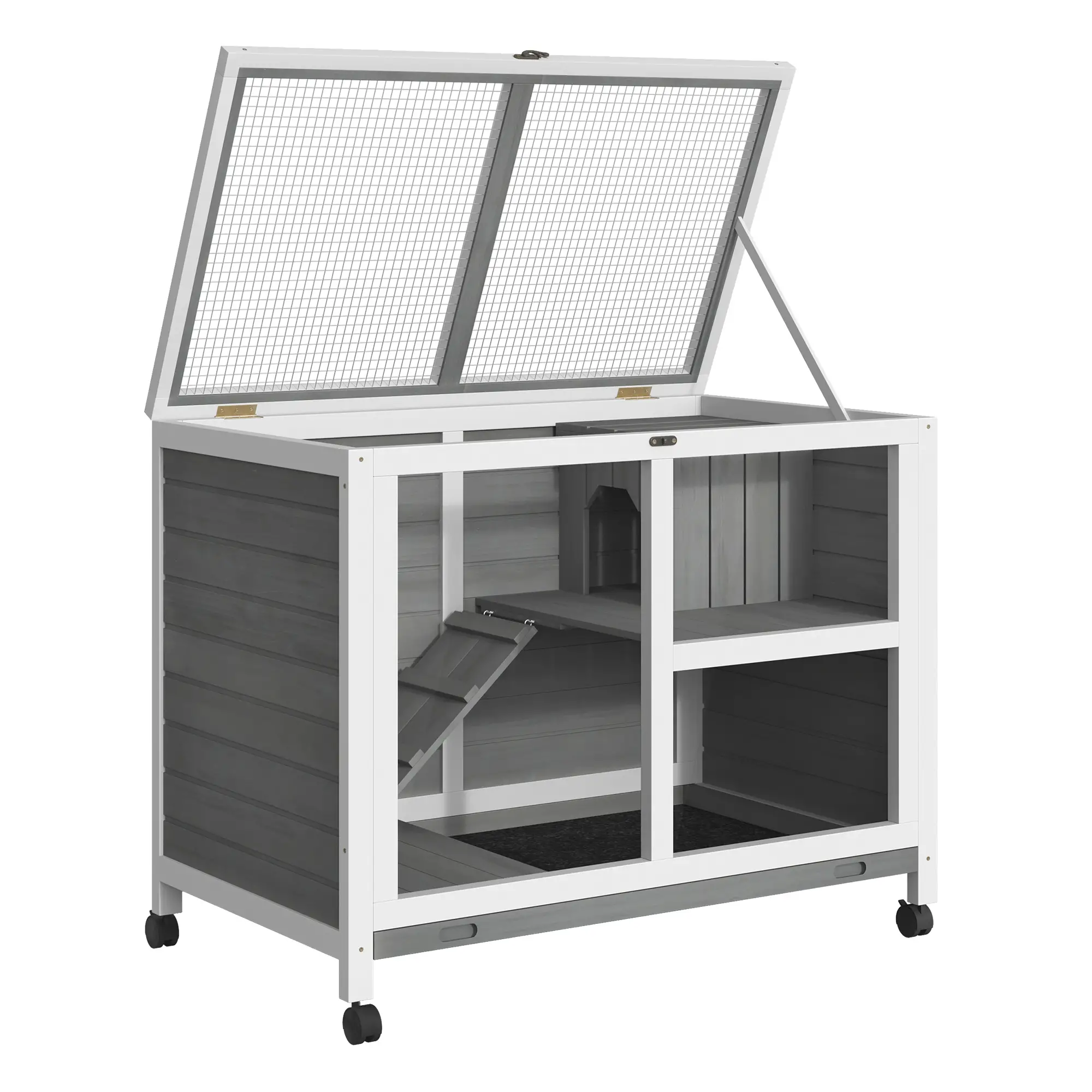 Pefilos 36" Wooden Rabbit Hutch with Run, Wheels, Removable Tray and Openable Top, Bunny Cage for Indoor and Outdoor, Gray