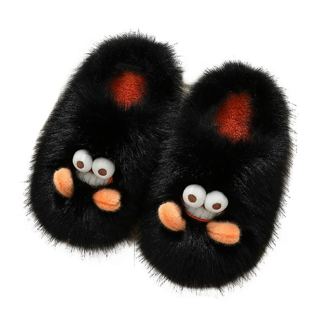 pantuflas de monstruo cálidas e informales, bonitas, para el hogar, para dormitorio, interior y exterior negro, vista superior de un par; pantuflas negras de felpa con suela EVA, diseño de dibujo animado con ojos blancos saltones y pequeñas manos naranja, forro interior naranja visible, textura peluda y cierre tipo mule, aptas para uso interior y exterior y como regalo informal.