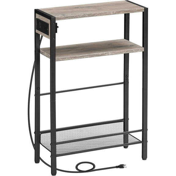 Small Narrow Side Table with Charging Station, Skinny End Table for Small Spaces, Slim Nightstand with USB Ports Outlet, Sofa Beside Table with Storage Shelf, Greige and Black BG102UBZ01