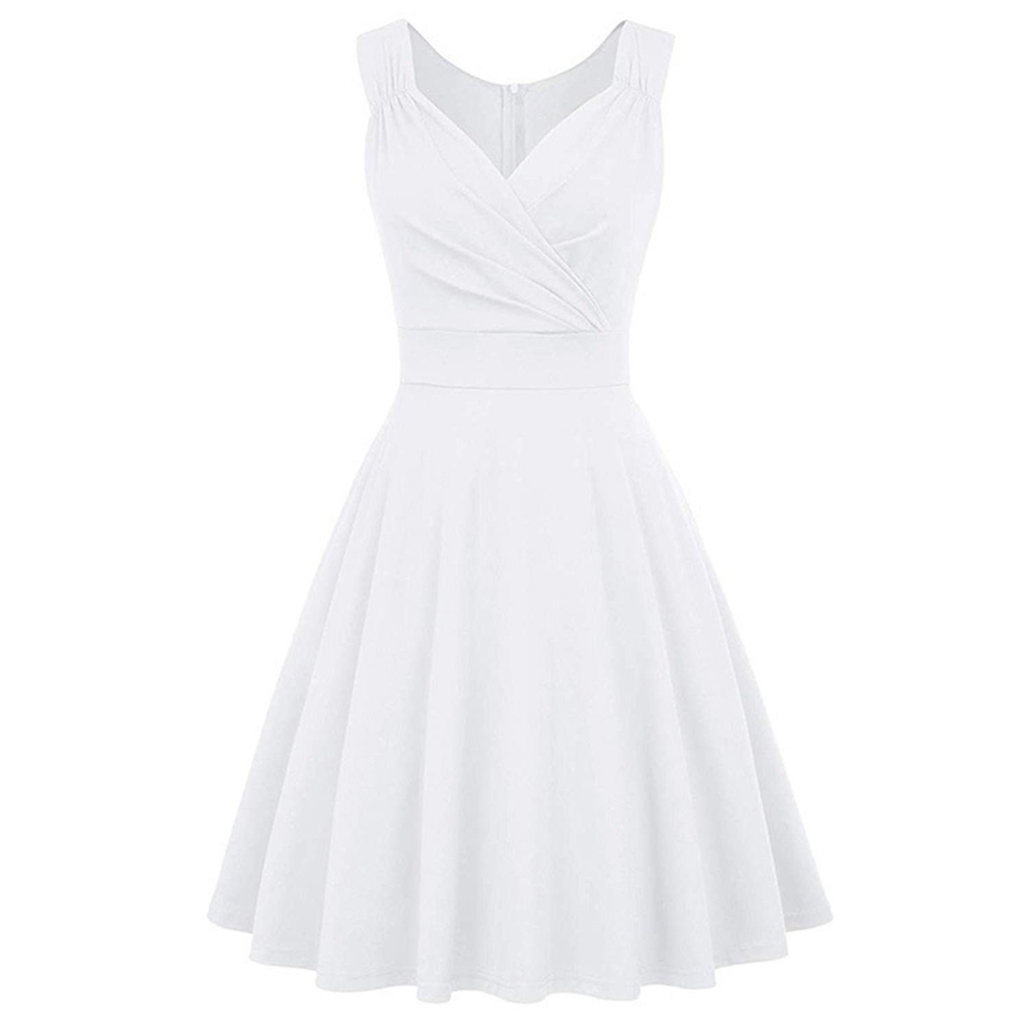 Women's Retro Pleated Dresses Rockabilly KneeLength Dress(White,XXL