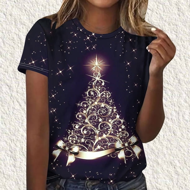 Fiudx Tops para Mujer Camiseta de Manga Corta con Cuello Redondo y Estampado Informal para Mujer