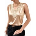 thumbnail image 3 of Women's Satin Contrast Lace V Neck Sleeveless Blouse Appliques Summer Tank Tops Champagne Color XXL, 3 of 7