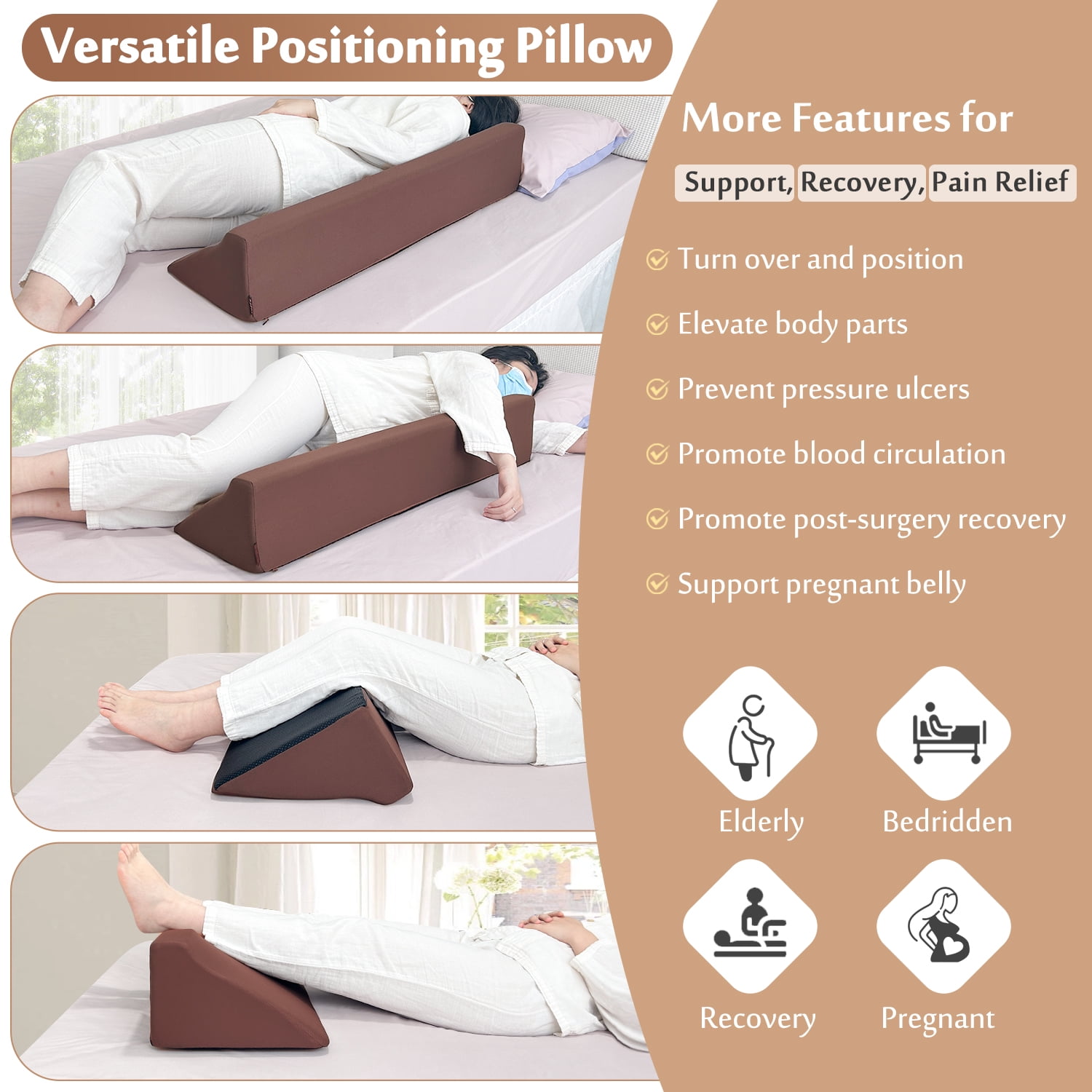 Wedge Pillow for Sleeping, Foam Body Positioning Wedges for Bed Adults, 34" Long Inclined Sleepers Cushion for Pressure Ulcer, Bed Sores Treatment, Turning Large Body Nursing Wedge Pillow（Brown）