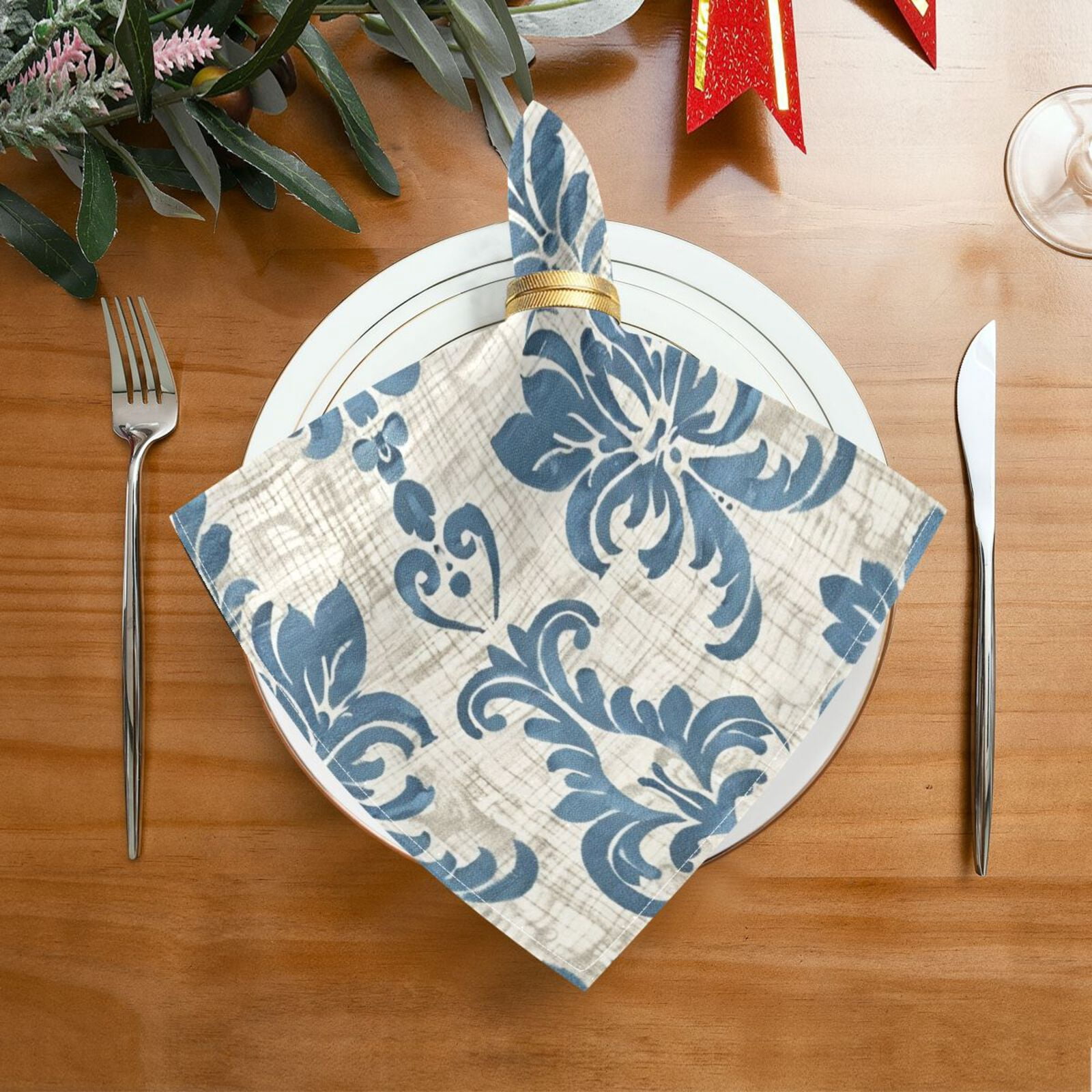 JSTEL Blue Arab Damask Flower Cloth Napkins Set of 6, 20x20 Inch Washable and Reusable Napkin for Decoupage Dinner Party Everyday Use