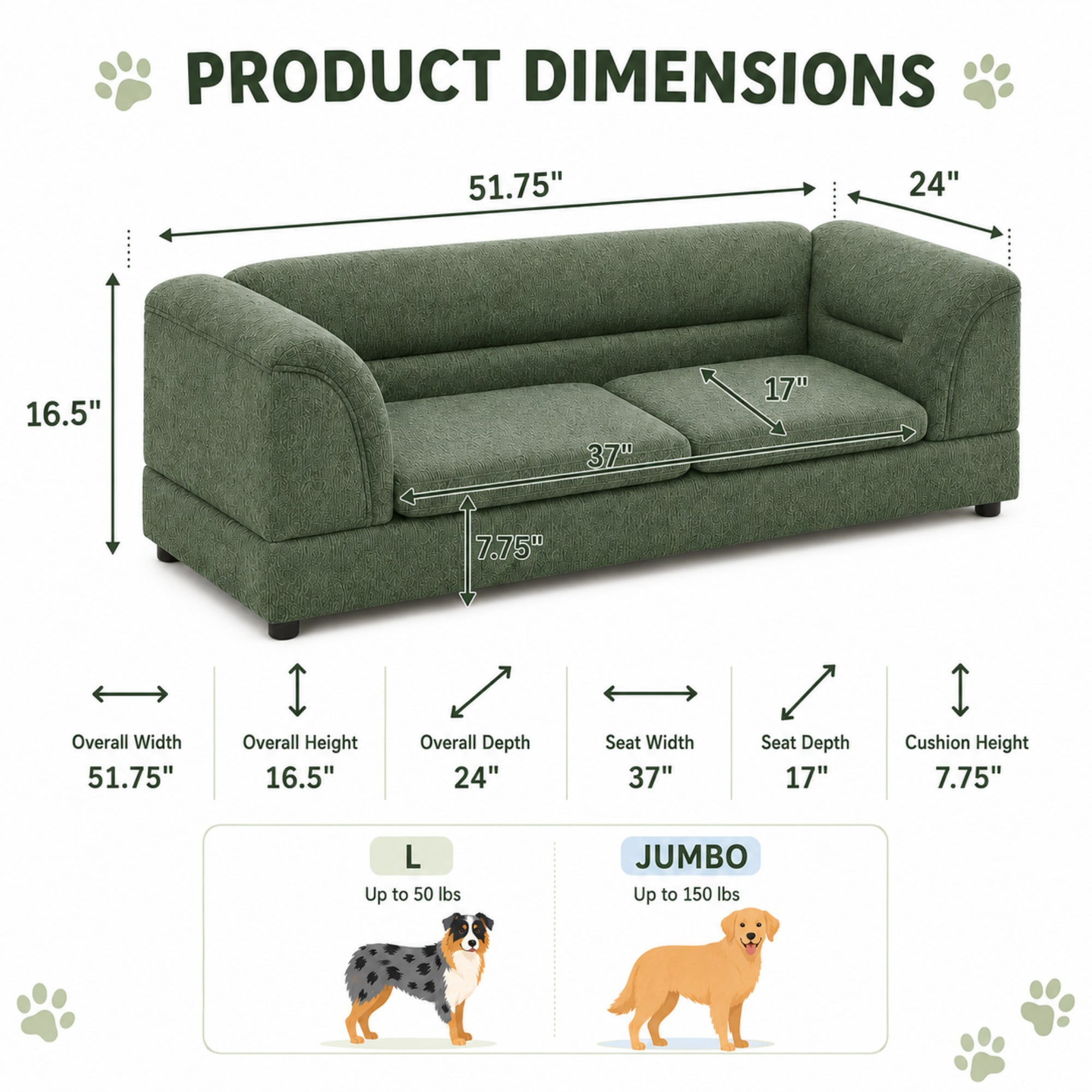 Aenkyo 52" Large Dog Sofa Bed, Linen Pet Couch with Removable Cushions, Green