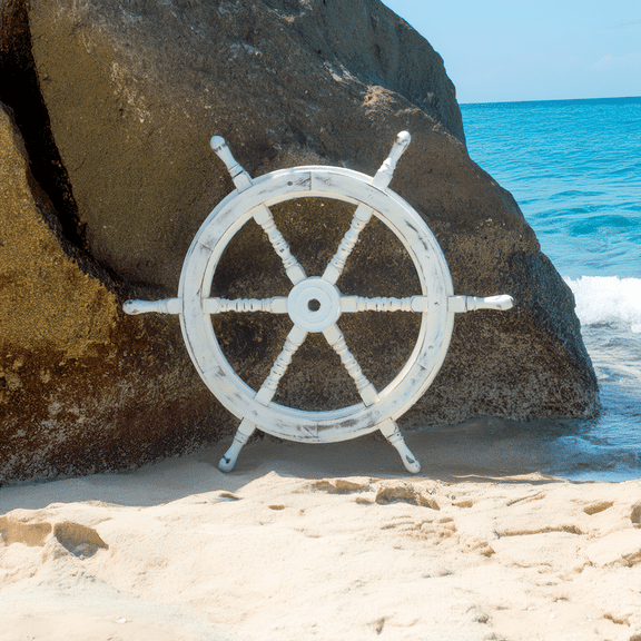 Nagina International Nautical Wooden Antique Vintage Captain's Ship Wheel - Pirate Home Decor Gifts - Nursery Wall Hangings (36 Inches, Antique White)