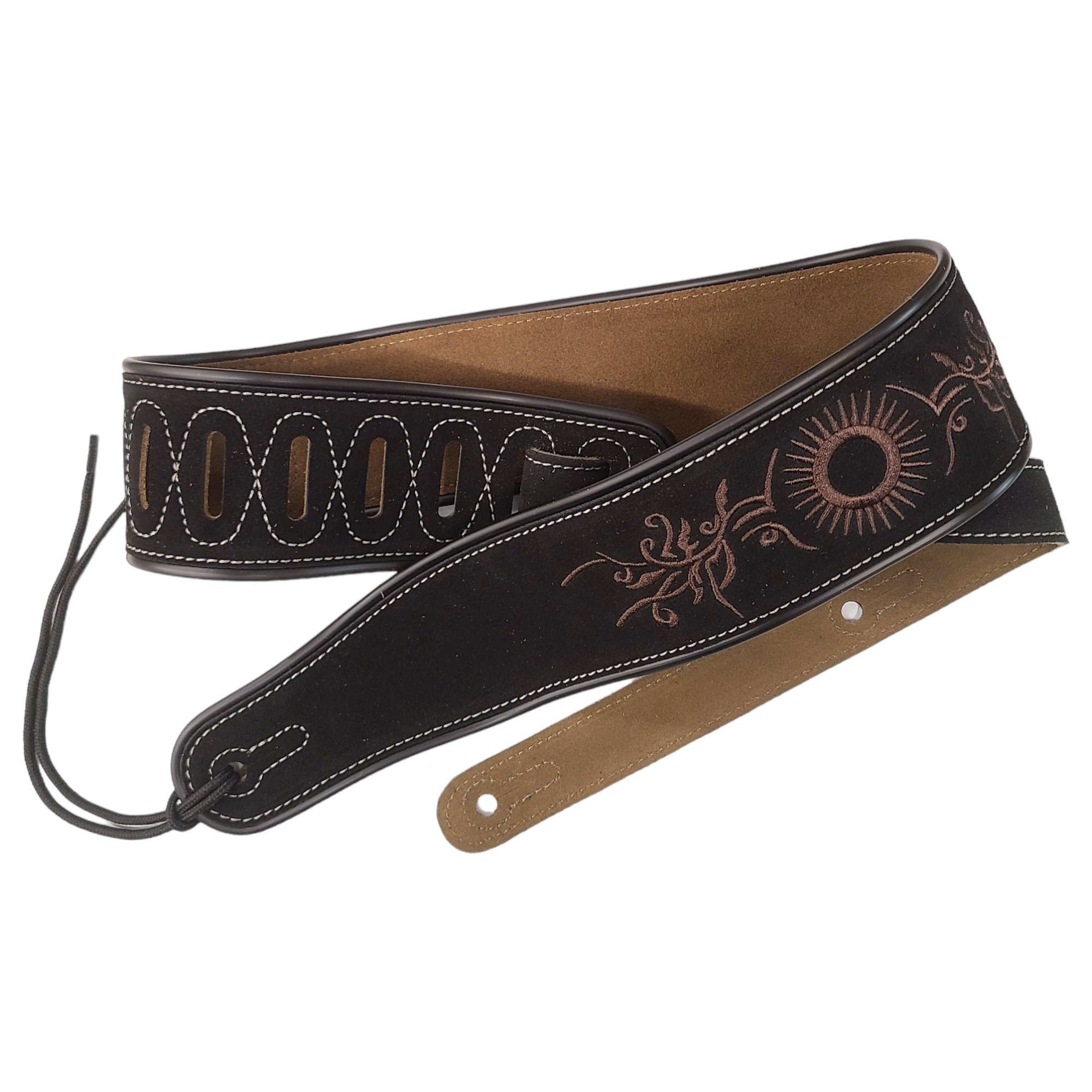 Leather Strap Acoustic Electric Guitar Bass Black Brown Notes Wide Thick Padded Black Suede Tribal Sun
