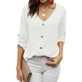 thumbnail image 3 of HUBERY Women V Neck Single Breasted Rolled Long Sleeve Solid Color Top, 3 of 5