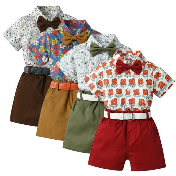 KYAIGUO Toddler Kids Boys 4-Piece Formal Outfit for Baby Gentleman Outfit Short Sleeve Print Shirt with Bowtie Shorts Belt Summer Set 9 M-6T