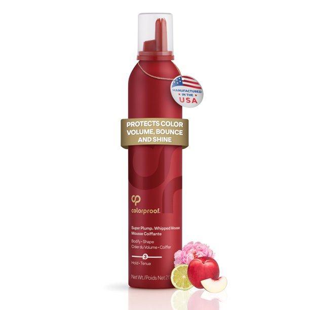 Mousse para el cabello con cuerpo batido súper regordete Colorproof 7.5 fl. Onz. Mousse protectora del color para dar volumen al cabello con aroma a nectarina blanca, peonía y cítricos