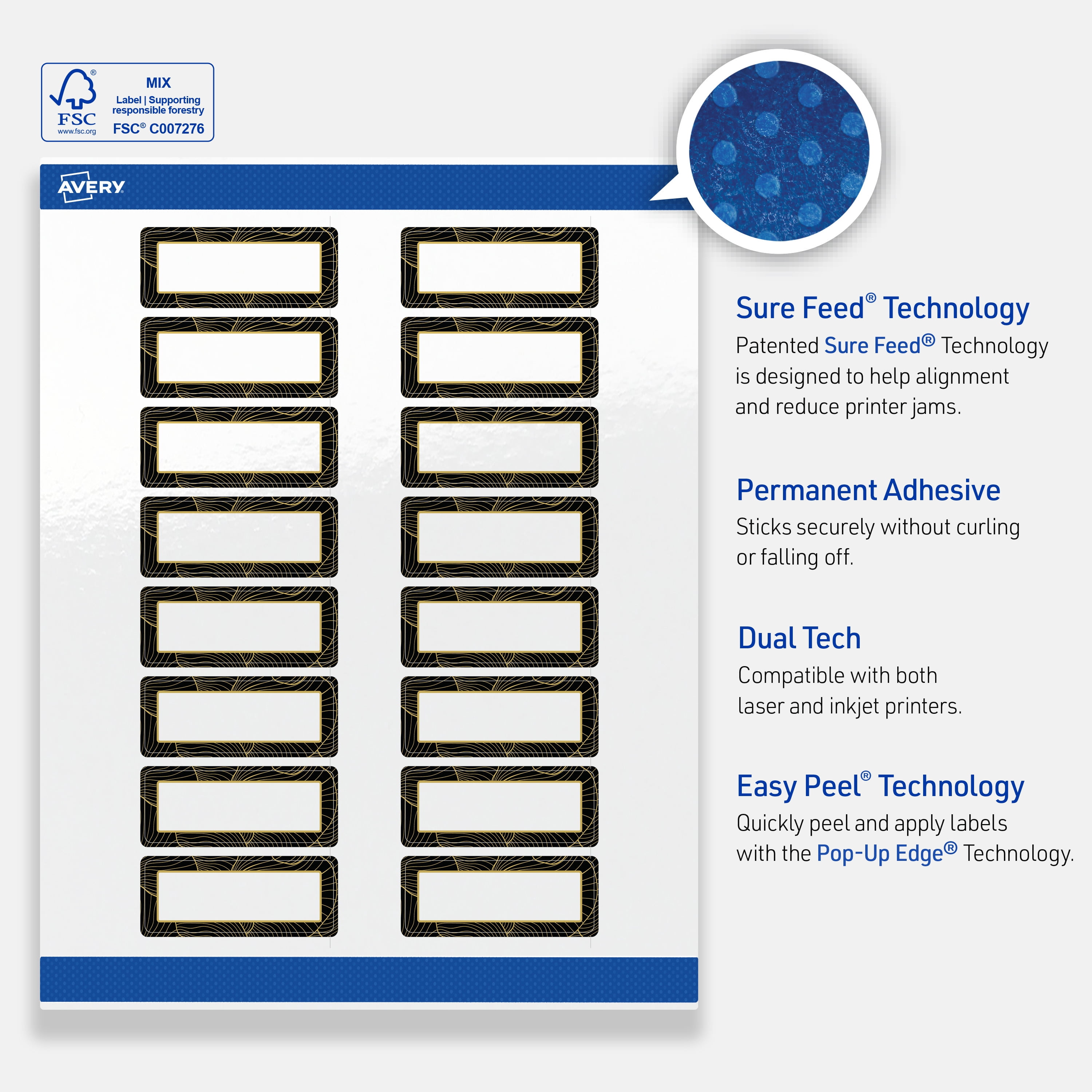 Avery Address Labels, 1" x 2-5/8", Glossy White, Black/Gold Veins
