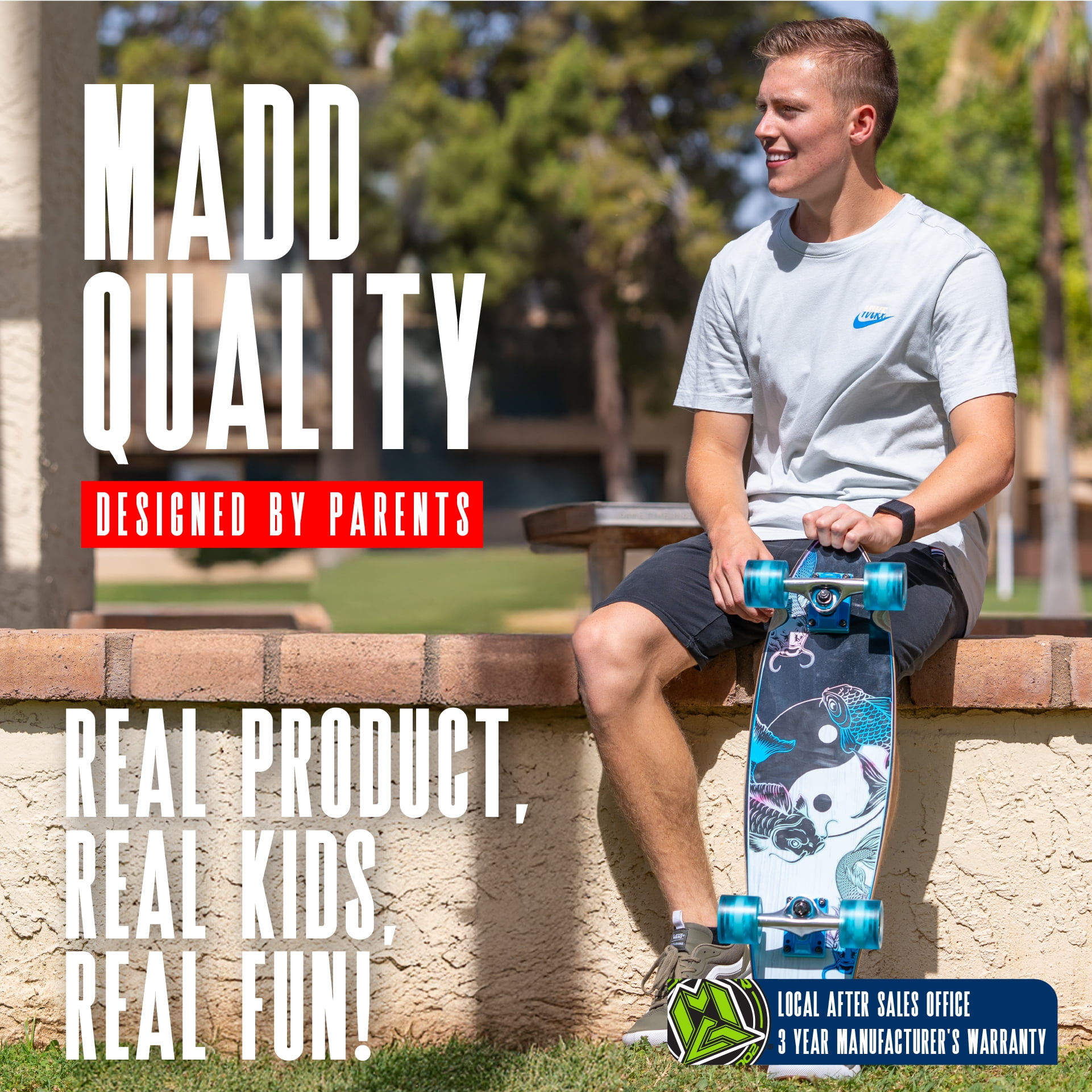 Madd Gear Planche cruiser 28 po pour enfants, ados et adultes – érable 8 plis, roues 62 mm, trucks aluminium 5 po – modèles assortis Noche ou Magma