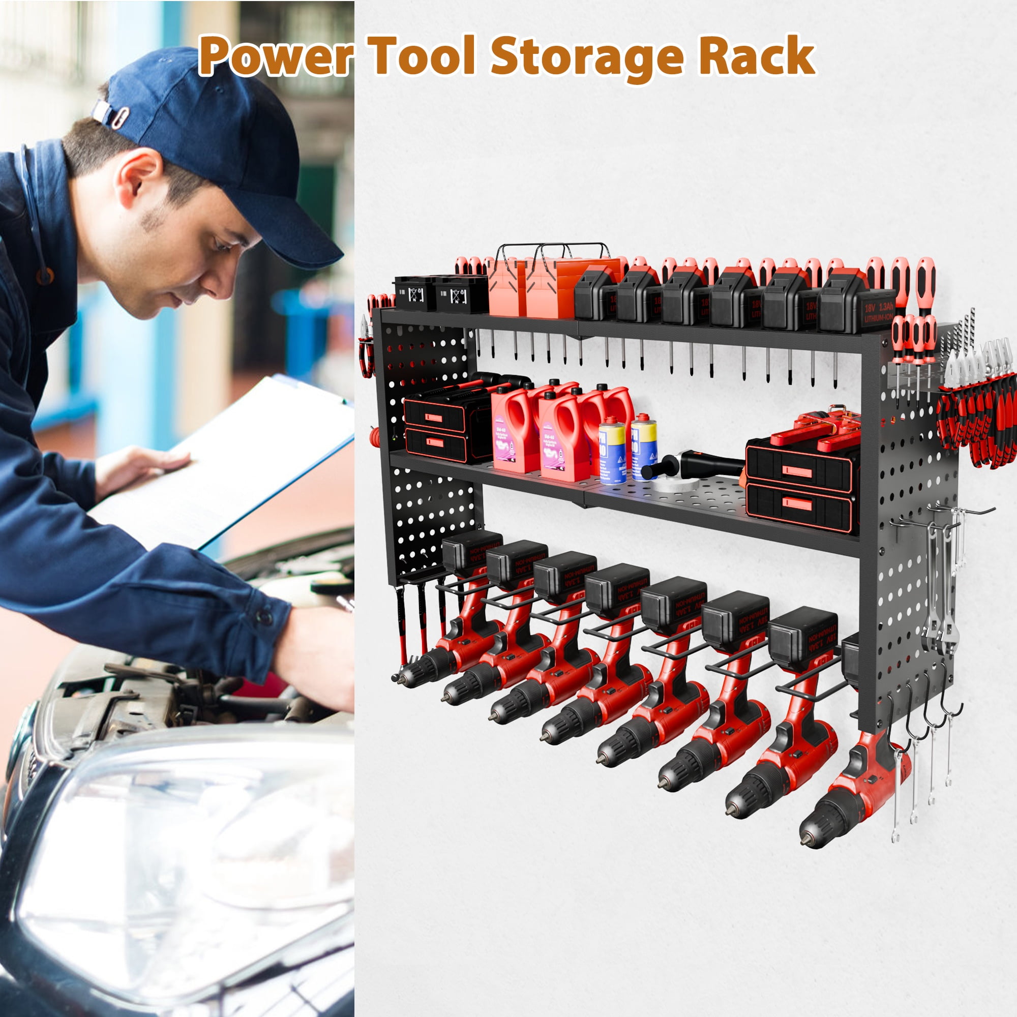 SQIREP Power Tool Organizer,3 Layers Storage Rack with 8 Drill Holders,Tool Organizer Wall Garage Organizer for Garage Organization, Workbench, Pegboard, Shed