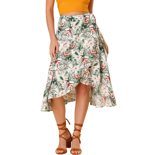 Falda Cruzada a Media Pierna Floral Hawaiana Tropical Allegra K Blanco M
